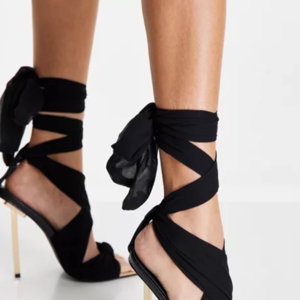 ASOS Public Desire Huni ribbon tie up gold stiletto heels sandals black size 7